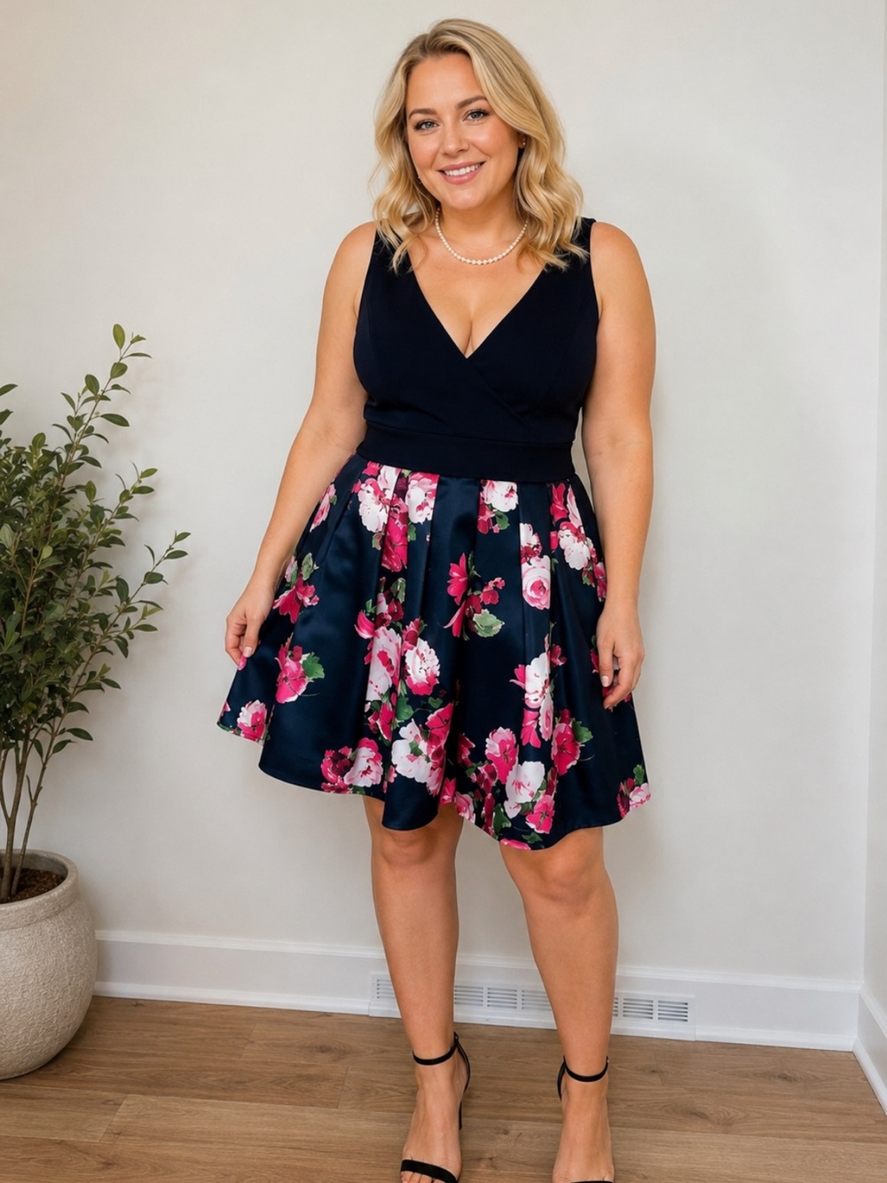 Beautiful Xscape Navy Bodice Midi Dress with Pink Floral Skirt❤️10